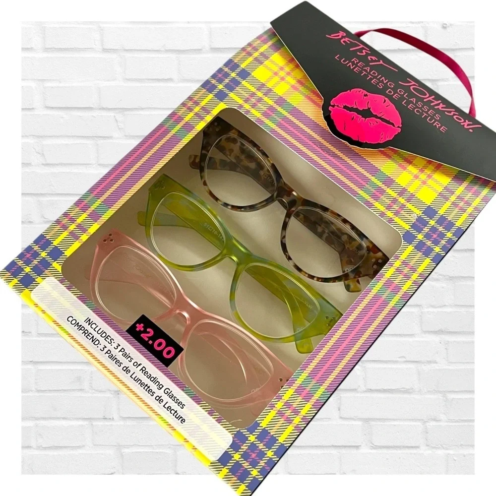Betsey Johnson 3 Set Reading Cat Eye Glasses 2.50 Pastel Pink Green Brown Set